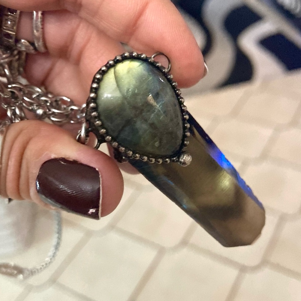 labradorite & Smokey crystal quartz maille stainless steel boho goth necklace - Picture 3 of 15